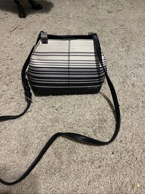 Calvin Klein Black and White Striped Crossbody Shoulder Bag